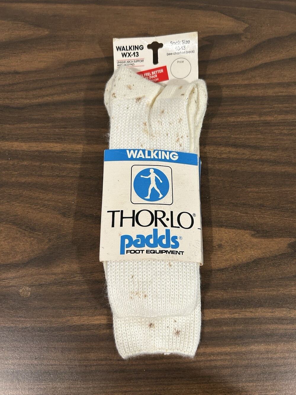 VTG Socks Thor-lo Padds Acrylic Walking WX-13 Size L‎ (10-13) White 90s NOS Crew
